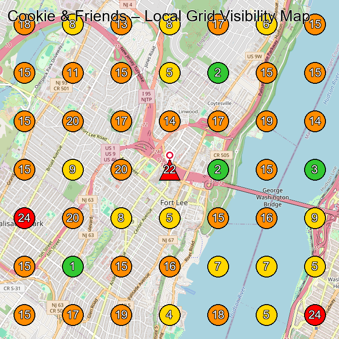 Cookie & Friends Pet Groomer GeoGrid ranking map for Fort Lee NJ